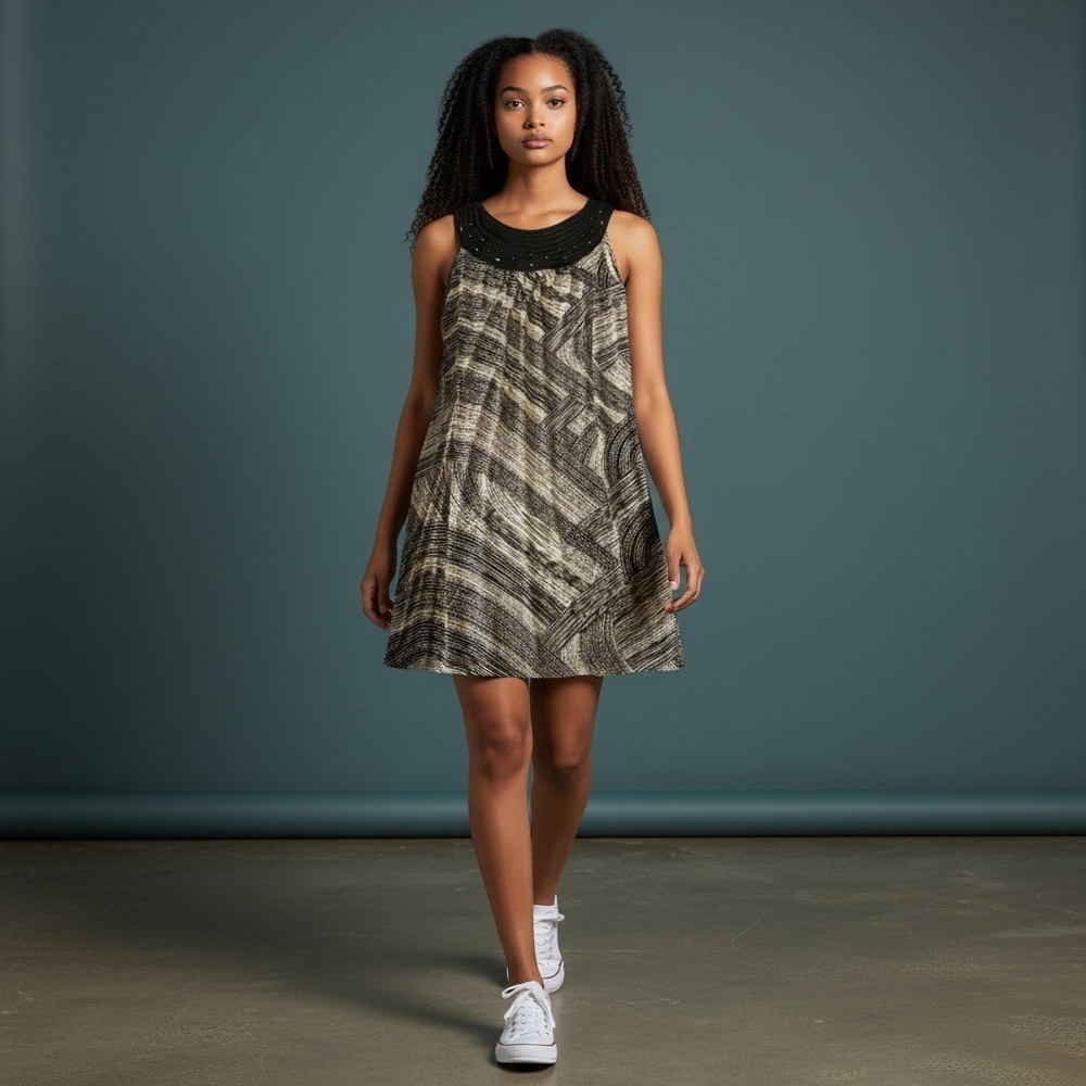 Dana Buchman Abstract Print Beaded Neckline Mini Dress. Black Cream XL #1087